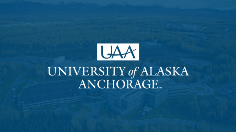 University of Alaska at Anchorage white logo with blue overlay of campus photography